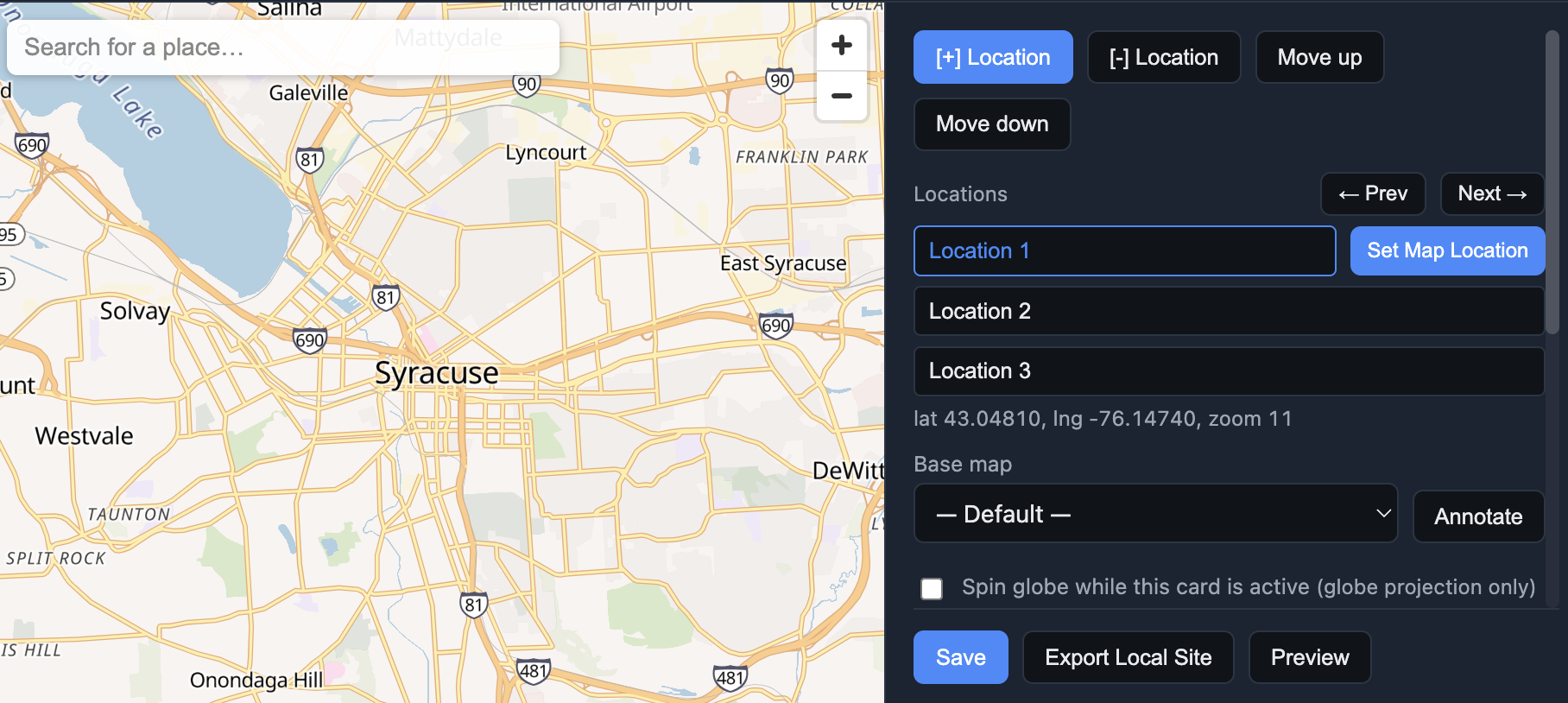 Maps & Cards builder — map on the left, story locations on the right